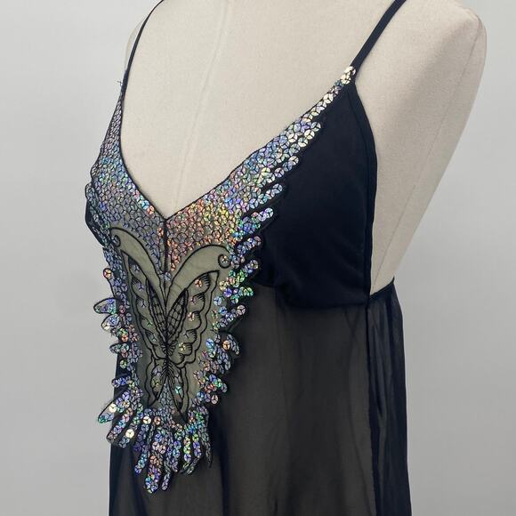 Vintage Y2k Iridescent Sequin Butterfly Nightgown Sheer Maxi Black Womens 2/4 - Picture 7 of 12